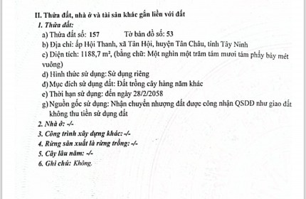 Bán Đất Ấp Hội Thanh Xã Tân Hội Huyện Châu Thành Tỉnh Tây Ninh Tờ Số 53 Thửa 157 Diện Tích 1188m2